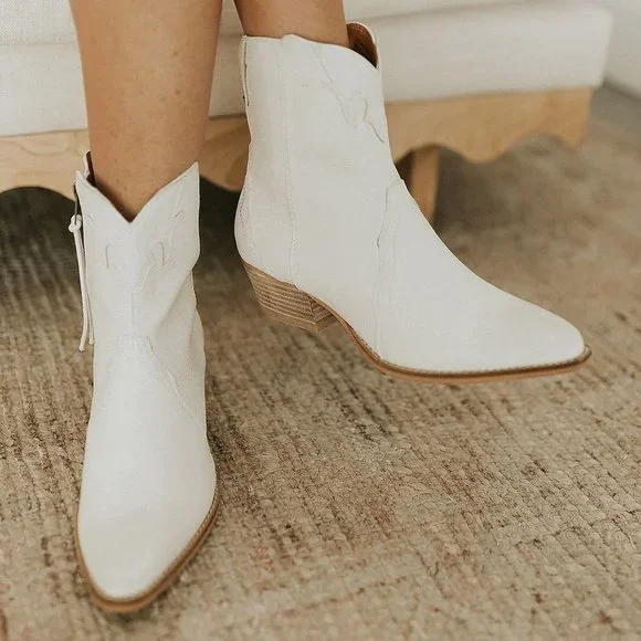 NEW Pointy Toe Stack Block Heel Zip Up Western Ankle Booties Boots Off White - Picture 2 of 16